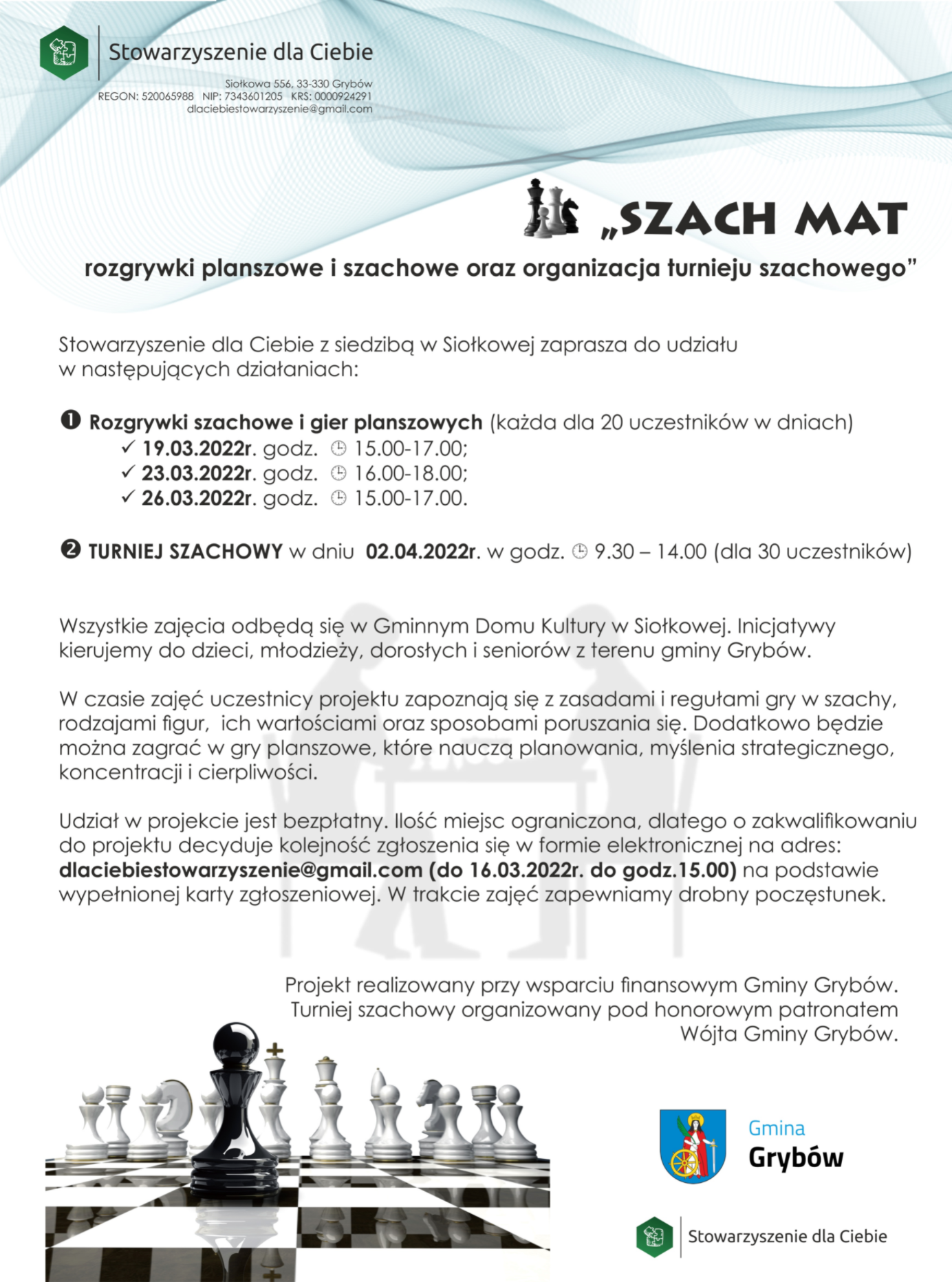 Stowarzyszenie dla Ciebie zaprasza na bezpłatne rozgrywki i turniej szachowy w Siołkowej - zgłoszenia do 16.03.2022r.